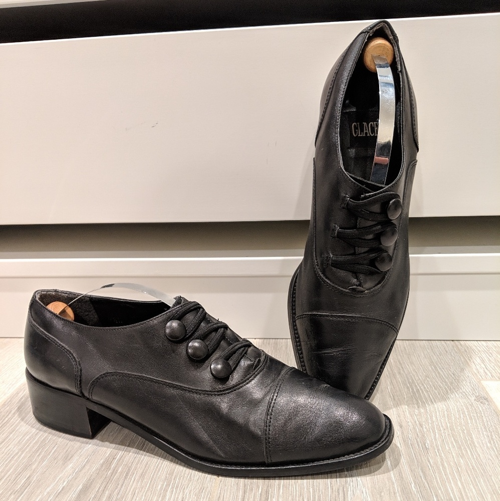 Vintage Glacee Black Leather Button up Oxfords 9.5